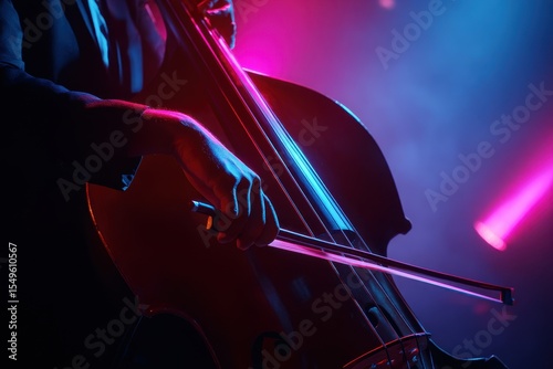 A musician s silhouette in vibrant neon lights gracefully bows across double bass strings merging classical and modern jazz music photo