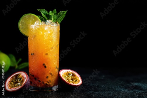 Vibrant tropical drink featuring passion fruit lime and mint a lengthy alcoholic beverage with dark backdrop