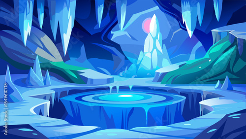 Arctic Ice Cavern: An ethereal vector illustration of an ice cavern. Depict glowing blue ice formations, shimmering stalactites and stalagmites, and a small pool of crystal-clear water 