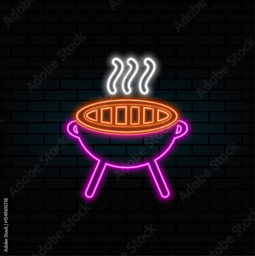 grilling barbecue icon. neon style.barbecue, barbecue, summer party, fire and smoke, silhouette symbol, retro, cooking meat, food concept. simple flat style