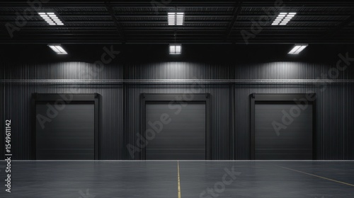 Dark Industrial Warehouse Interior with Three Closed Roll-up Doors