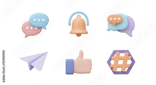 Social Media Icons Set in 3D Pastel Render | Notifications, Messages, and Engagement Elements for UI Design and Marketing