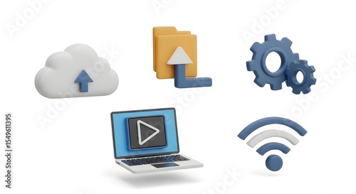 Cloud Data Transfer and Laptop Streaming | 3D Technology Icons for Internet Services and Software Applications