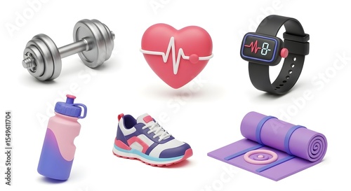 Fitness and Exercise Equipment 3D Rendered Set | Dumbbell, Smartwatch, Sneakers, Yoga Mat, Water Bottle, Heart for Gym, Workout, and Health Marketing