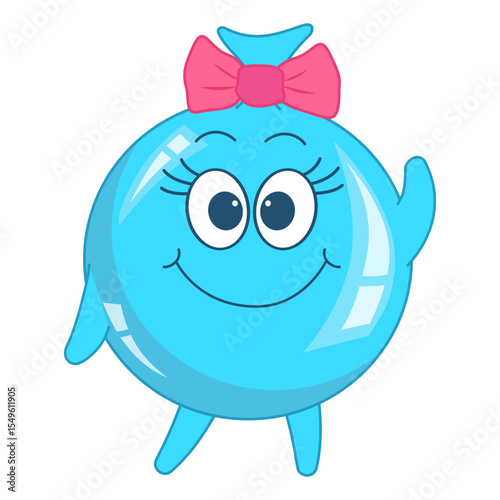 Cute blue balloon-girl character with pink bow smiling happily. Cartoon vector illustration for children's entertainment, book, sticker.