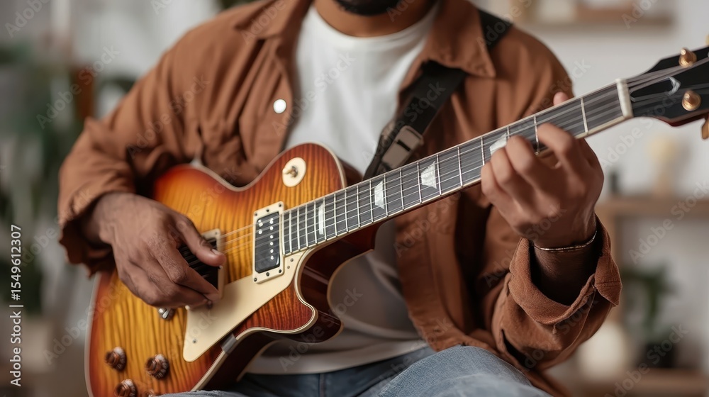 Obraz premium A focused musician passionately playing an electric guitar at home, capturing the essence of creativity and the soulful expression of music in a relaxed setting.