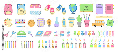 School Supplies big Set. Back to school Trendy Flat Icons Element. Vector Illustration Art School Supplies Stationery, Backpack, School Bus, Globe, Book, Notebook, Pencil, Pen. Cute Education Stickers