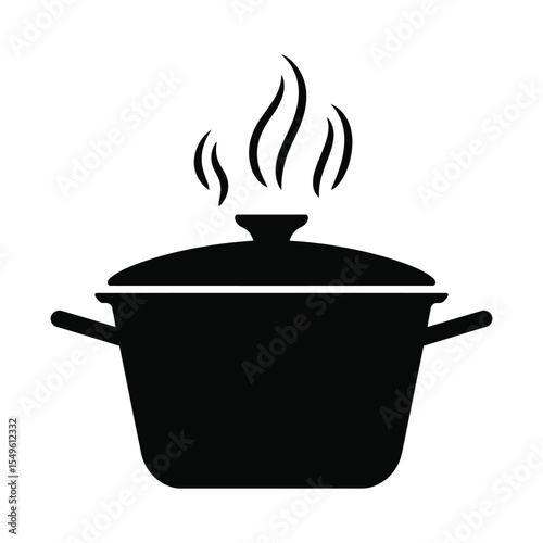 Black Cooking Pot Icon with Steam Kitchenware Food Preparation Symbol