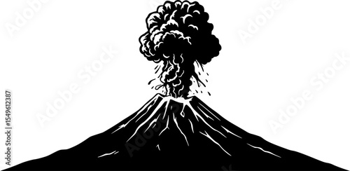 a black and white drawing of a volcano, with a cloud of smoke coming out of the top, vector illustration