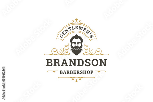 Classic barber shop logo featuring a vintage male portrait, ornate decorative elements, and elegant typography. Perfect for grooming services. Vector illustration