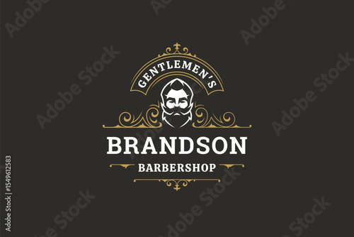 Classic barbershop logo featuring a vintage portrait of a male with beard, surrounded by elegant decorative elements. Retro design with gold accents and text for grooming services. Vector illustration