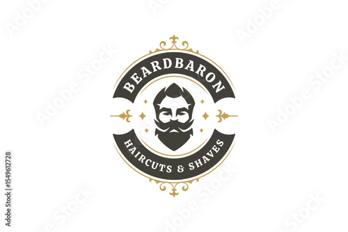 Classic vintage barbershop logo featuring a bearded male character, emblem design and elegant typography. Perfect for branding haircuts, shaves, and professional grooming services. Vector illustration
