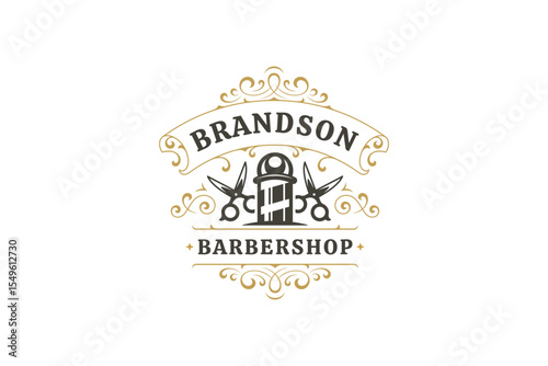 Retro vintage barbershop logo design featuring scissors, barber pole, and ornate elements. Ideal for branding male grooming services and hairdressing businesses. Vector illustration