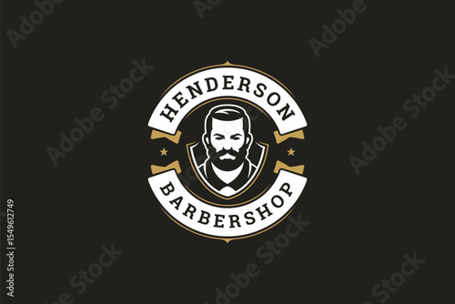 Retro-inspired barbershop logo showcasing a well-groomed male with facial hair, set within a circular emblem. Ideal for branding or promotional materials. Vector illustration