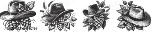 Vintage halftone stipple hops plant leaves with cowboy hat vector bundle in black color, dotted engraving retro style botanical illustration for craft, beer, and western decor projects
