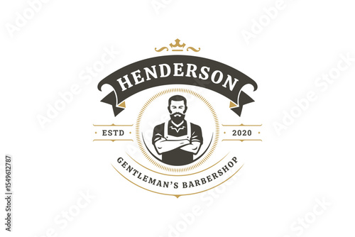 Classic retro barbershop logo featuring a strong bearded male character with elegant design elements. Ideal for branding grooming services and hairdressing businesses. Vector illustration