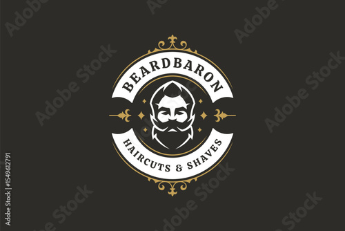 Stylish retro barber logo featuring a male face with beard and mustache, surrounded by decorative elements. Ideal for barbershop branding, this vector illustration combines elegance and vintage charm