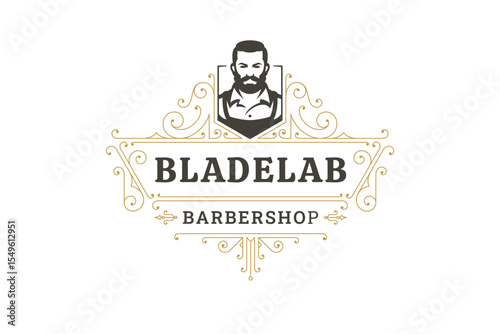Elegant vintage logo design featuring a bearded male barber with ornate decorative elements. Ideal for branding barbershops, grooming services, and hairdressing businesses. Vector illustration.