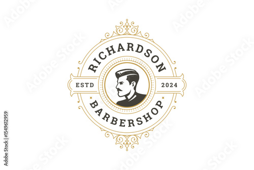 Classic retro barbershop logo featuring a male character with a mustache and elegant, ornate design elements. Perfect for branding barbershops, and hairdressing businesses. Vector illustration