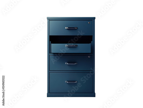 Gray filing cabinet, three drawers open