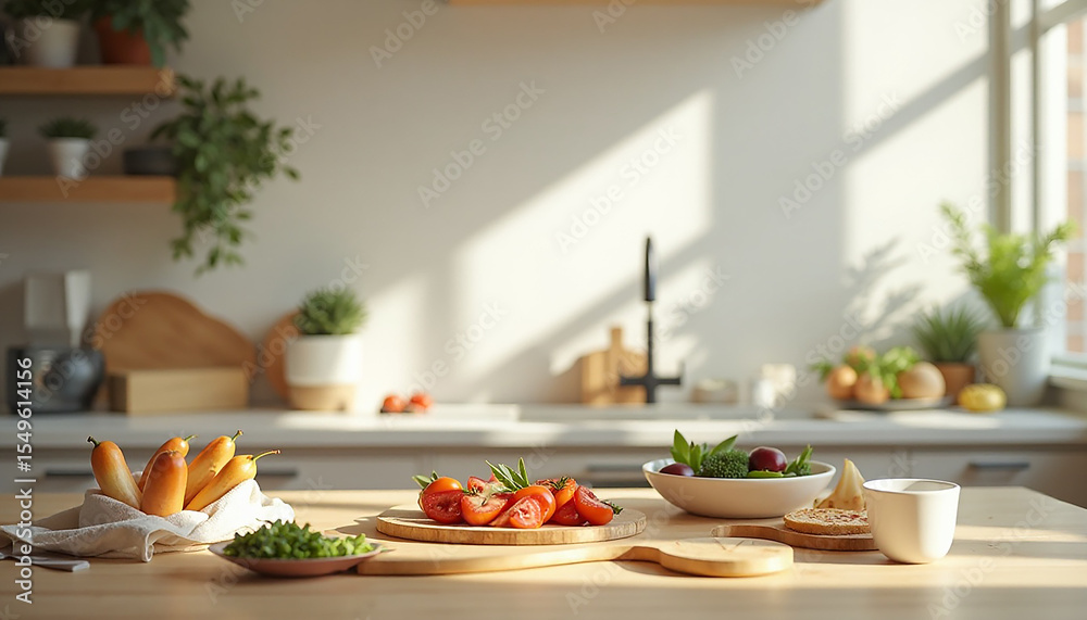 Fototapeta premium Fresh Vegetables on Wooden Countertop in Bright Modern Kitchen