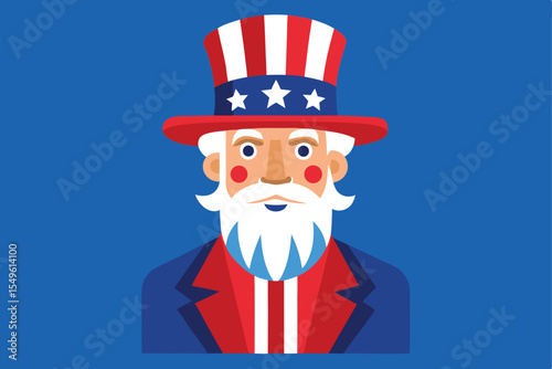 Cartoon Uncle Sam Illustration with Patriotic Hat and Suit on Blue Background