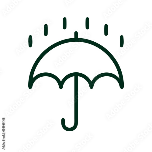 Umbrella with rain icon in minimal dark green line style