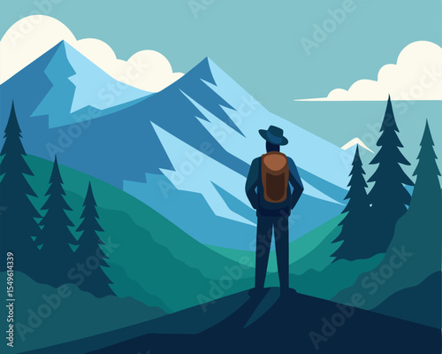 Hiker with backpack looking at mountain range in flat vector illustration
