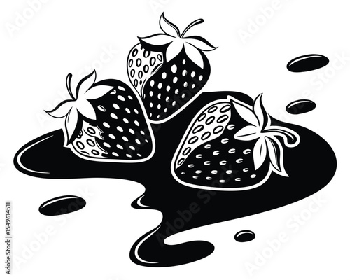 Monochrome Illustration of Strawberries in Chocolate Sauce for Dessert Designs