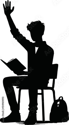 Silhouette of a student raising hand while sitting vector style on white background