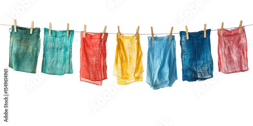 A close-up view of a clothesline with clothes pegs holding a line of freshly washed shirts. isolate on transparent background