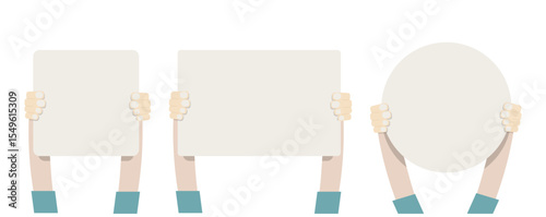 Bundle illustration of hands holding blank paper banners with copy space, used for advertisement, protest, announcement, message, or public information.