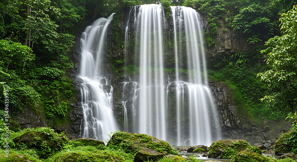 Obraz premium Majestic Waterfall Cascading Through Lush Greenery A Tropical Paradise of Serenity and Natural Beauty in a Hidden Gem