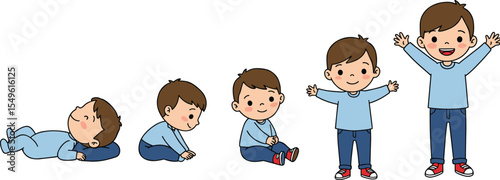 Baby boy growth stages, cartoon child development, sitting crawling walking standing milestones, cute toddler evolution, childhood progress illustration, learning to walk, early years journey.