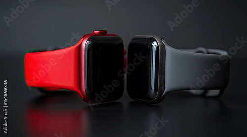 Two smartwatches, one red, one gray, on dark surface