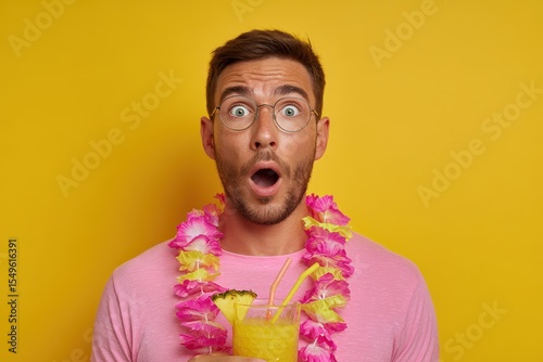 A surprised youthful man in his 20s enjoys a pineapple drink by a hotel pool wearing a pink t shirt and a Hawaiian lei against a bright yellow backdrop Summer vacation vibes photo