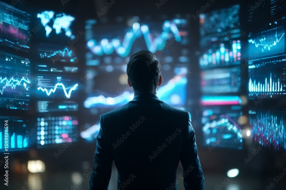 A businessman stands in a digital space, surrounded by holographic screens filled with futuristic data and visuals. A businessman stands in a digital space, surrounded by holographic screens filled with futuristic data and visuals.