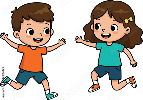 Happy cartoon boy and girl running together, playful kids illustration, childhood fun moment, energetic children clipart, joyful expression, best friends, school kids activity, smiling characters.