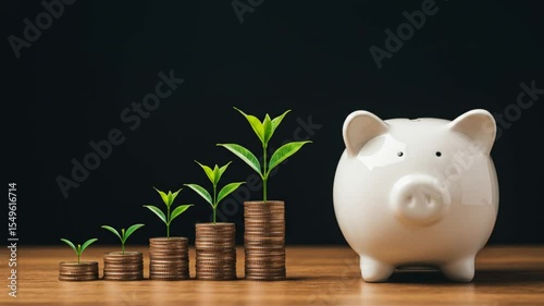 coins stacked with saplings, representing financial growth, beside a piggy bank
