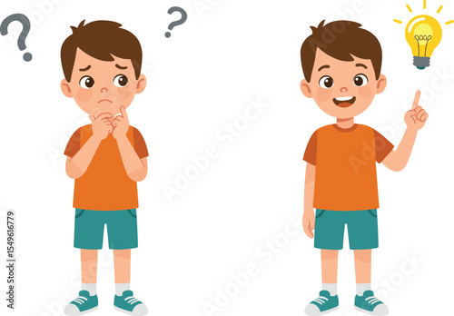 Cartoon boy thinking and getting idea, confused and happy kid, emotional child concept, educational illustration, decision making, problem solving, learning, inspiration, school activity, smart boy.