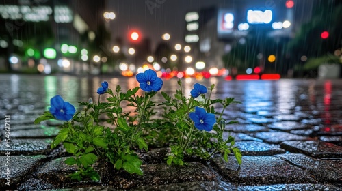 Fototapeta Naklejka Na Ścianę i Meble -  Blue wildflowers sprout through a city street on a rainy night.