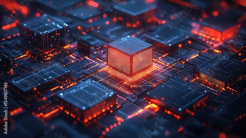 3D render of modular software architecture diagram featuring layered components, scalable blocks, and service nodes in futuristic enterprise tech concept