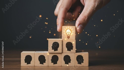 an innovative concept represented by wooden blocks, with a light bulb