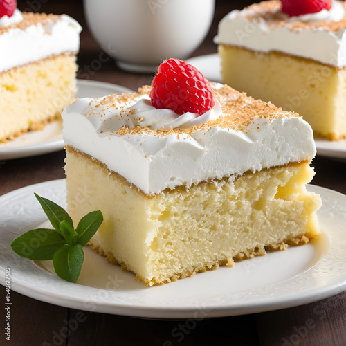 A decadent slice of tres leches cake, the Mexican sponge cake soaked in three kinds of milk, topped with whipped cream.