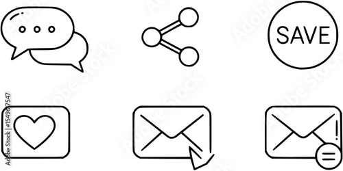 Icons like comment, share, save, like media button. Outline icon heart arrow direct message interface message minimalist
