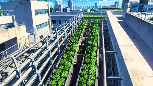Realistic Anime Rooftop Urban Farm with Solar Panels