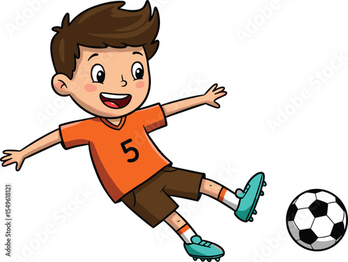 Happy cartoon boy playing soccer, wearing orange jersey number five, kicking football on white background, active child in sports uniform, kids outdoor activity vector illustration.