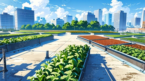 Realistic Anime Rooftop Urban Farm with Solar Panels