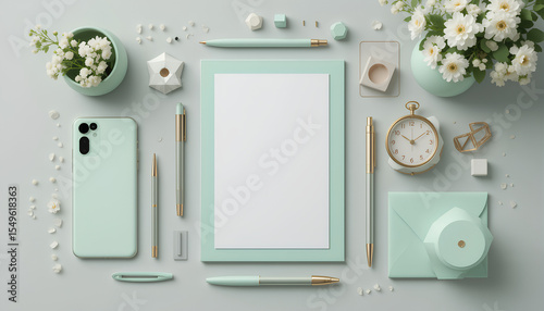 Mint Green Office Desk Flat Lay with Stationery, Flowers, and Blank Paper

