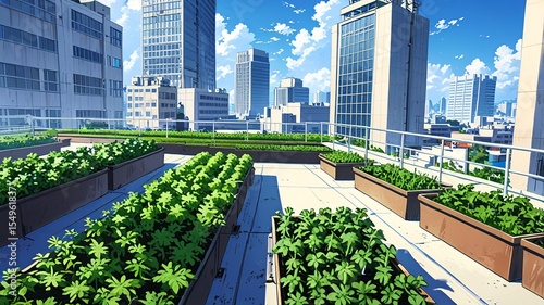 Realistic Anime Rooftop Urban Farm with Solar Panels
